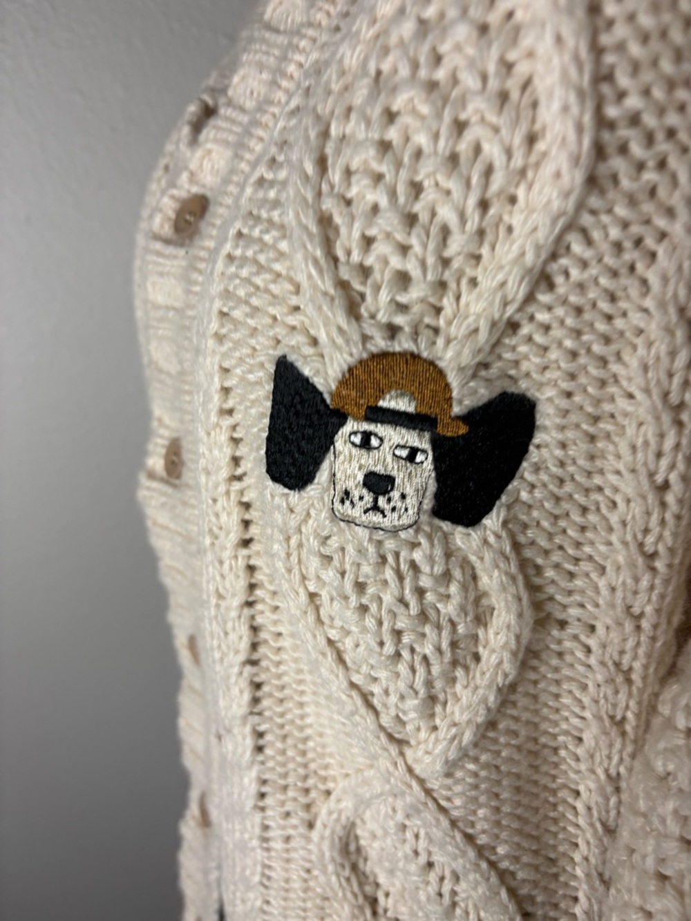 Dog Embroidery Cable Knit Cardigan Womens XL